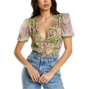 HEMANT & NANDITA Metallic Stripe Bodysuit Sage Green S PuffSleeve Cottage Fairy